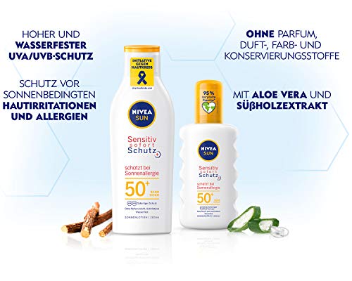 NIVEA SUN Sensitiv instant protection sun lotion in a pack of 1 (1 x 200 ml), sun lotion with SPF 50+ for sensitive skin, waterproof sun protecti