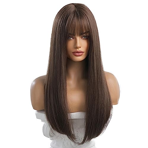 Esmee 24 Inches Long Straight Blonde Wig with Bangs Side Parting Natural Synthetic Hair Ombre Wigs for Women with Dark Roots for Daily Party Cosp