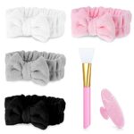 Pinenuts 4 Pack Spa Headband, Makeup Headbands Bowknot Hair Bands with Silicone Facial Cleansing Brush & Face Brush, Coral Fleece Head Wraps for