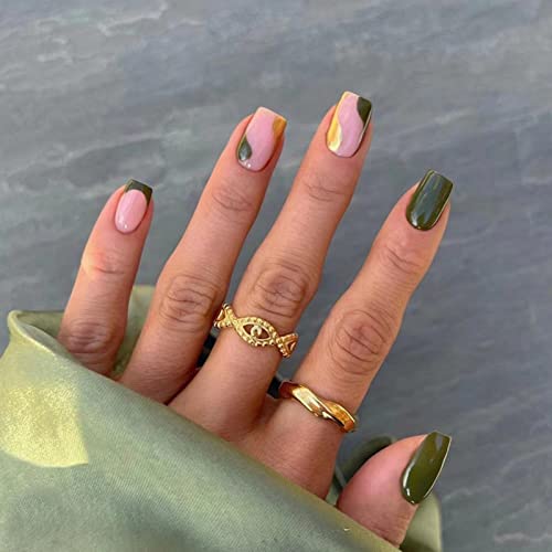 JUSTOTRY 24 Pcs Pastel Square Short False Nails,Multi Colour French Press on Nails Pattern, Cute Fake Nails Medium with Nail Glue,Rainbow Stick o