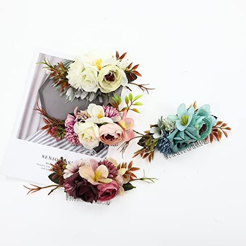 Cinaci 4 Pack Artificial Flower Metal Hair Side Combs Slides Clips Floral Wedding Bridal Headpieces Hairpins Barrettes Bun Chignon Hair Accessori