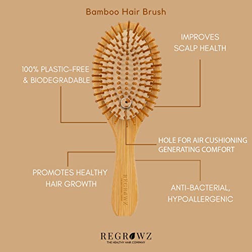 Regrowz Bamboo Paddle Hairbrush with Round Bristles - Detangle Hair & Reduce Hair Breakage - Perfect Hair Care Tool