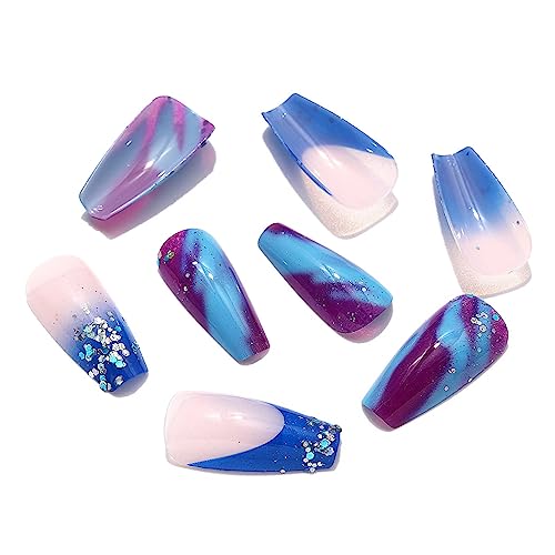 Brishow Coffin False Nails Long Fake Nails Sequin Press on Nails Blue Purple Marble Ballerina Acrylic Stick on Nails 24pcs for Women and Girls
