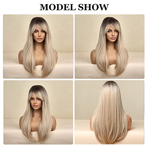 Esmee 24 Inches Long Straight Blonde Wig with Bangs Side Parting Natural Synthetic Hair Ombre Wigs for Women with Dark Roots for Daily Party Cosp