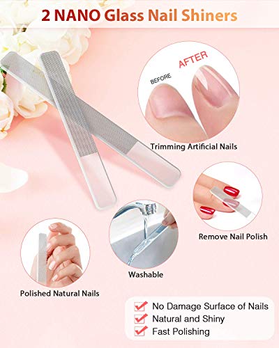 Glass Nail File and Shiner – 4PC Double Sided Etched Crystal Nail Buffer Files and Nano Nail Polishers, Professional Salon Manicure Tools Kit for