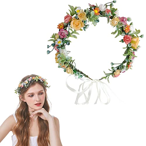 Floral Crown Headband Flower Hair Garland Headband Bridal Flower Hair Wreath Headpiece with Ribbon for Wedding Party Halloween Costume