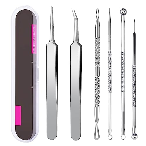 Blackhead Remover Tool Set, 6 PCS Blackhead Tweezer Comedone Extractor Blackhead Removal Tool, Pimple Spot Popping Kit Stainless Steel Black Head