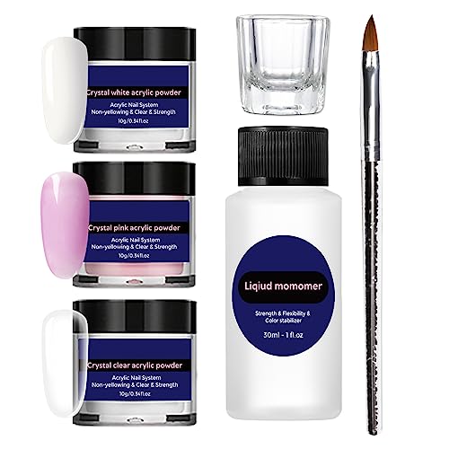 Acrylic Nail Kit - 3 Colors Acrylic Powder Set - Clear White Pink Acrylic Nail Powder for Acrylic Nails Extension Beginner Kit