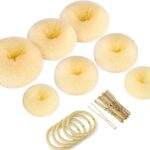 Teenitor Blonde Hair Donut Bun Maker Set, 7pcs Hair Donut Bun Ring with 5pcs Doe Beige Elastic Hair Bands with 20pcs Gold Hair Pins, Hair Bun Dou