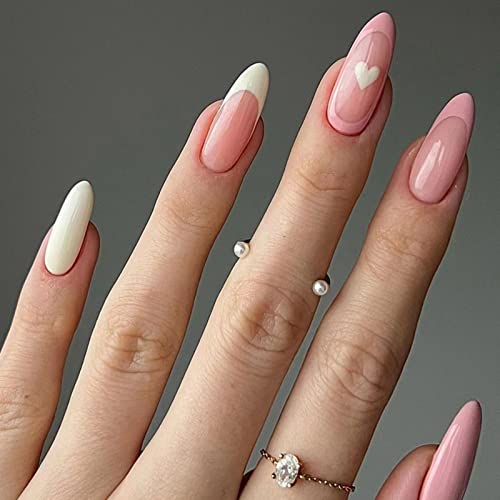 JUSTOTRY 24 Pcs Pale Orange Heart Short False Nails Stiletto,Beige French Press on Nails Pattern,Fake Nails Short with Nail Glue,Almond Medium St