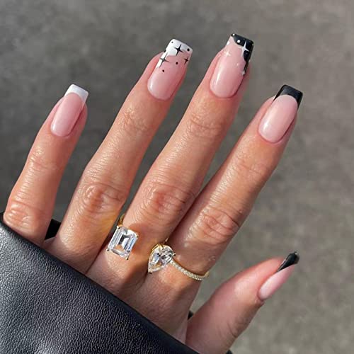JUSTOTRY 24 Pcs Pastel Square Short False Nails,Multi Colour French Press on Nails Pattern, Cute Fake Nails Medium with Nail Glue,Rainbow Stick o
