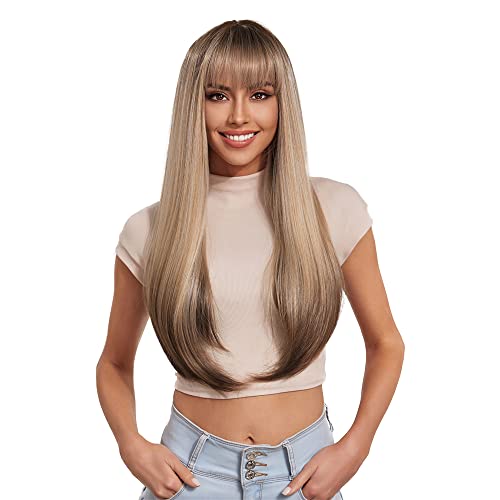 Esmee 24 Inches Long Straight Blonde Wig with Bangs Side Parting Natural Synthetic Hair Ombre Wigs for Women with Dark Roots for Daily Party Cosp