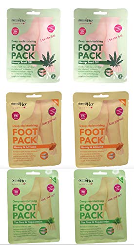 Derma V10 Foot Pack Mask (6 Pack) Deep Moisturising (Tea Tree & Peppermint, Honey & Almond, Argan Oil)