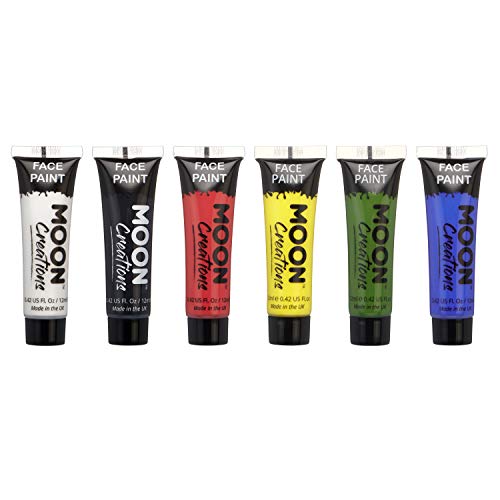Moon Creations Face & Body Paint Tubes | Primary Set | 12ml | Ready to Use Face Paint | No Flake | Cruelty Free, Made in UK | Face Paint for Kids