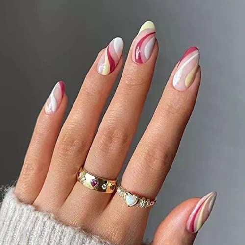 JUSTOTRY 24 Pcs Fake Nails Short, Red and Yellow Swirl Press on Nails with Designs, Glossy Pink French False Nails Short, Stick on Nails for Wome
