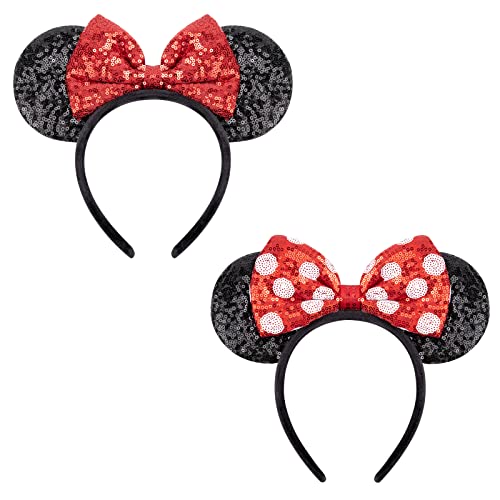 DRESHOW 2 Pack Mouse Ears Bow Headbands Glitter Party Decoration Cosplay Costume for Girls & Women