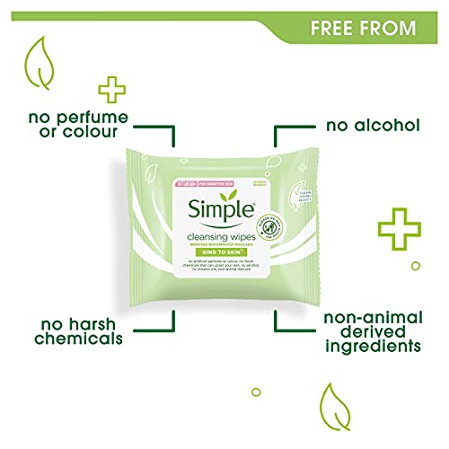 Simple Kind to Skin - Facial Wipes for sensitive skin with Glycerin, Vitamin E,and Vitamin B5 -25 Count (Pack of 6)