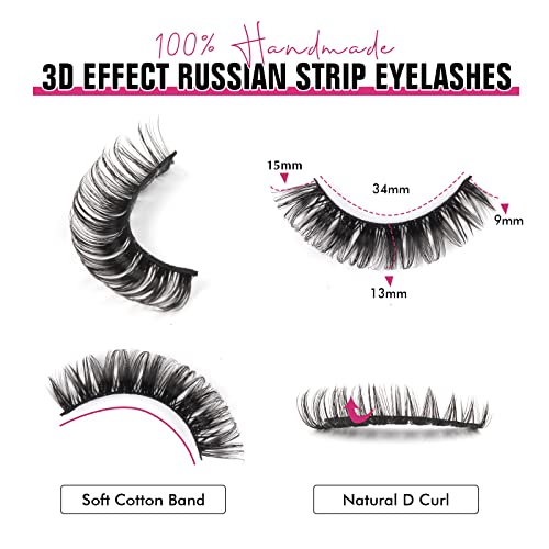 False Eyelashes Natural Look Russian Strip Lashes Faux Mink D Curl Fake Eyelashes Wispy Fluffy Volume 3D Effect Cat Eye Lashes Reusable Handmade