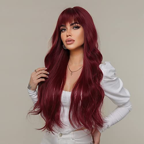iShine Burgundy Red Wigs for Women Long Wavy Wine Red Wigs with Fringe Synthetic Wig Heat Resistant Natural Hair for Daily Party Cosplay Use Gift