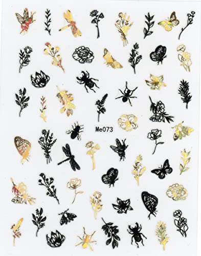 9 Sheets Black Gold Leaves Nail Art Stickers Decals Self-Adhesive Grass Leaves Butterfly Dragonfly Insect Design Manicure Tips Nail Decoration fo