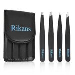 Rikans Precision Tweezers Set – Pack of 4 Black Professional Tweezers – Handy Carry Pouch – Superior Stainless Steel Tweezer Set – Splinters, Eye