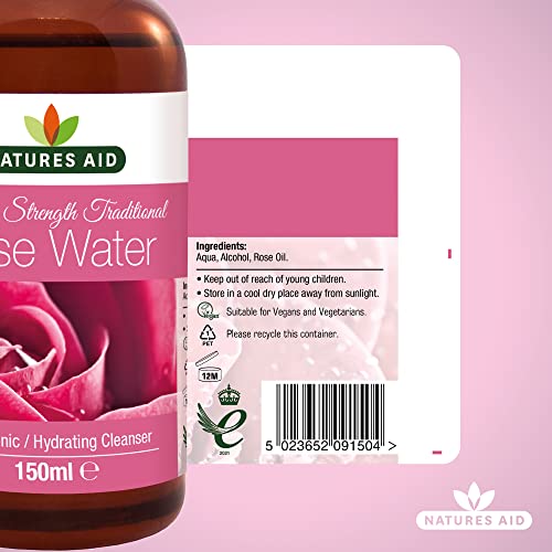 Natures Aid Premium Strength Traditional Rose Water, 150ml (Ingredients : Aqua , Alcohol, Rose Oil)