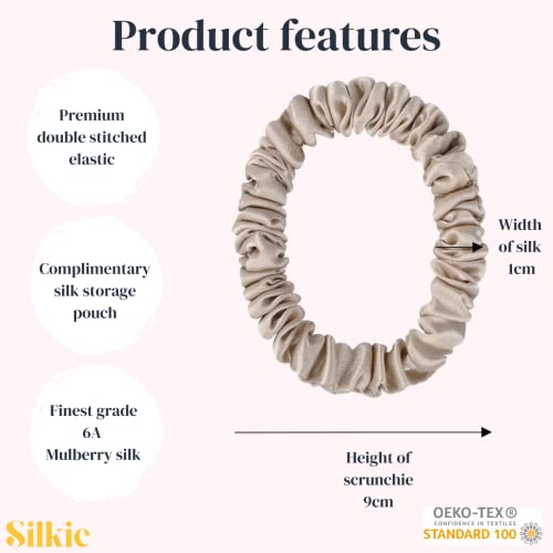 SILKIE x4 Set 100% Pure Mulberry Silk Black Brown Skinny Scrunchies Travel Pouch Everyday Hair Ties Elastics Hair Care Ponytail Holder No Damage