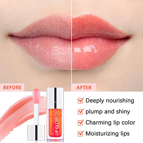 Bieyoc Plumping Lip Oil, Hydrating Gloss Tinted Balm Care Transparent Toot Long Lasting Nourishing Glow Oil Non-sticky Big Brush Head Glitter Shi