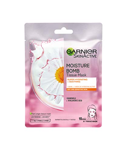 Garnier Moisture Bomb Chamomile and Hyaluronic Acid Sheet Mask, Hydrating & Soothing Face Mask, For Sensitive Skin, Biodegradable and Vegan Tissu