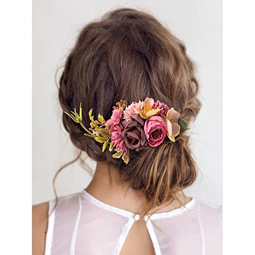 Cinaci 4 Pack Artificial Flower Metal Hair Side Combs Slides Clips Floral Wedding Bridal Headpieces Hairpins Barrettes Bun Chignon Hair Accessori