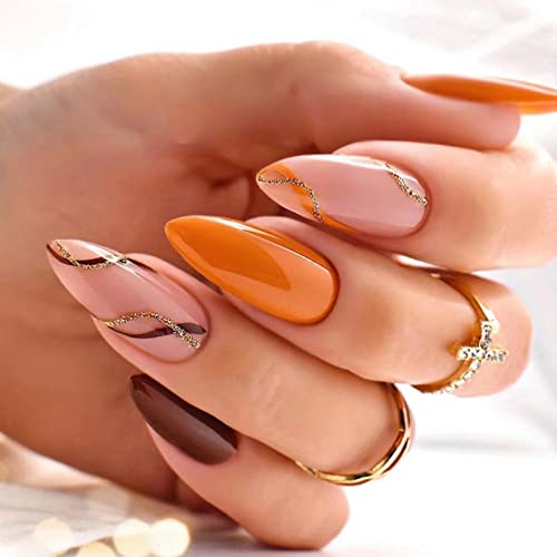 JUSTOTRY 24 Pcs Stiletto False Nails Medium with Jewels,Beige French Press on Nails Pattern,Fake Nails Short with Nail Glue,Almond Stick on Nails
