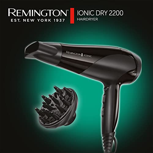 Remington D3198 Ionic Conditioning Hair Dryer for Frizz Free Styling with Diffuser and Concentrator Attachments, 2200 W - Black