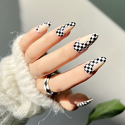 JUSTOTRY 24 Pcs Stiletto False Nails Medium with Jewels,Beige French Press on Nails Pattern,Fake Nails Short with Nail Glue,Almond Stick on Nails
