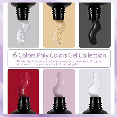 Mobray Poly Nail Gel Kit 6 Colors, 15ml Black Red Extension Nail Gel Starter Professional Kit with Slip Solution, Base Top Coat and Clips
