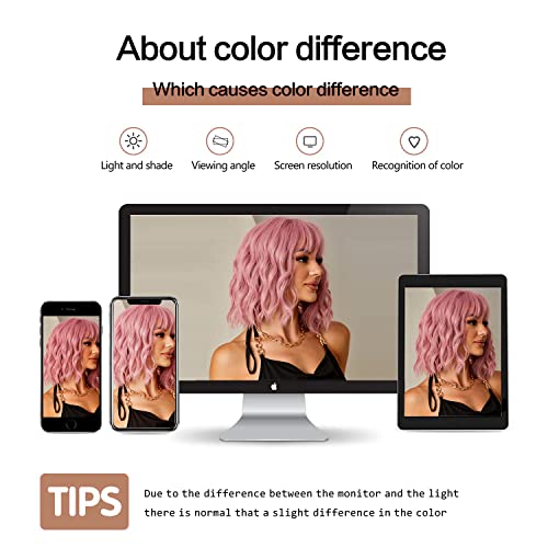 Esmee Short Wave Pink Bob Wigs With Bangs Shoulder Length Wig Curly Wavy Synthetic Cosplay Wigs for Women-12 Inches