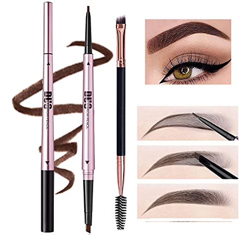 Mihqy 2 PCS Eyebrow Pencil Waterproof with Brow Brush, Dual Ended Eyebrow Pen, Automatic Makeup Cosmetic Tool(Dark Brown)
