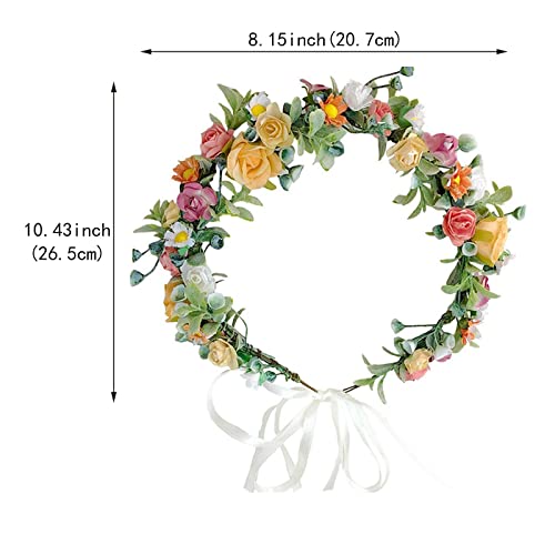 Floral Crown Headband Flower Hair Garland Headband Bridal Flower Hair Wreath Headpiece with Ribbon for Wedding Party Halloween Costume