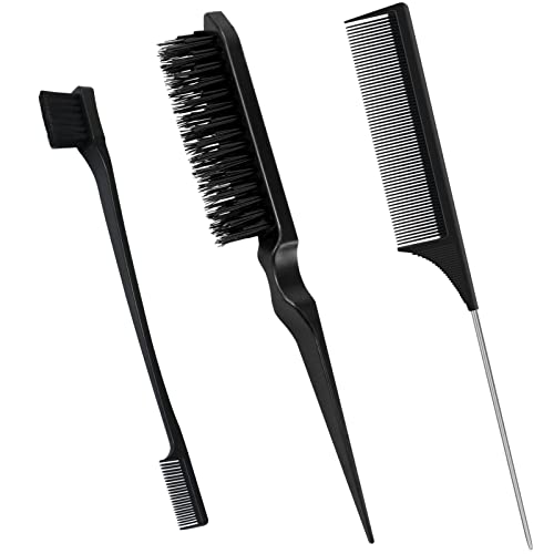 Sularpek 3 Pcs Slick Brush Set, Plastic Bristle Hair Brush Teasing Comb Edge Hair Brush Teasing Brush Set, Rat Tail Comb Double Sided Edge Brush,
