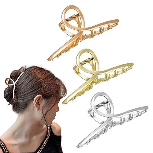 Heyu-Lotus 3 Color Hair Claw Clips Large Metal Strong Hold Hair Clips 4.3 Inch Nonslip Claw Clips Clamp, Headdresses Hair Styling Accessories for