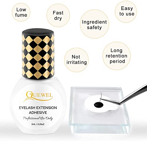 QUEWEL Eyelash Extension Glue 6ML Strong Black Lash Glue 1-2 Sec Quick Drying Professional Lash Extension Glue for Sensitive Retention 7-8 Weeks