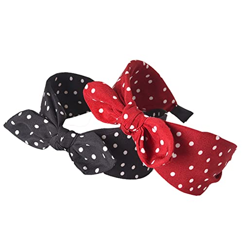 Polka Dot Headband,2Pcs Bow Tie Knotted Hair Bands,Wide Band Cloth Hair Hoop Bunny Ear Headwrap Hair Accessories for Women Girls (Black Red Polka