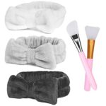 URAQT Spa Headbands for Women, 3 Pack Fluffy Headband for Washing Face, Elastic Bowknot Hair Bands with 2 Pcs Mask Brushes, Coral Fleece Women &