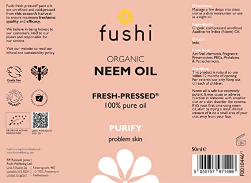 Fushi Organic Neem Oil, Virgin & Fresh-Pressed, Extracted from the Neem Tree, Best for Itchy Scalp, Skin Redness & Irritated Skin, Ethical & Vega