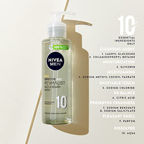 Nivea Men Sensitive Pro Menmalist Face and Beard Wash, Cleansing Men's Face Wash, 10 Essential Ingredients to Gently Remove Dirt and Oils, 200 ml