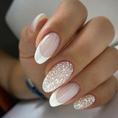JUSTOTRY 24 Pcs Pale Orange Heart Short False Nails Stiletto,Beige French Press on Nails Pattern,Fake Nails Short with Nail Glue,Almond Medium St