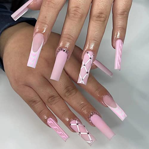 JUSTOTRY 24 Pcs Diamante Fake Nails Long, Nude French Press on Nails Patterns, Ballerina Stick on Nails for Women, Acrylic Medium Coffin False Na