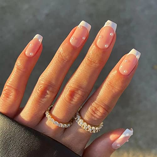 JUSTOTRY 24 Pcs Short False Nails Square,White French Press on Nails Pattern, Pretty Milky Fake Nails Short with Nail Glue, Stick on Nails for Wo