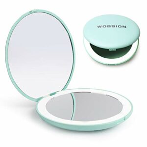 wobsion LED Lighted Travel Makeup Mirror, 1x/10x Magnification Compact Mirror, Portable for Handbag, Purse, Pocket, 3.5 inch Illuminated Folding