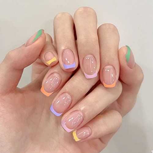 JUSTOTRY 24 Pcs Pastel Square Short False Nails,Multi Colour French Press on Nails Pattern, Cute Fake Nails Medium with Nail Glue,Rainbow Stick o