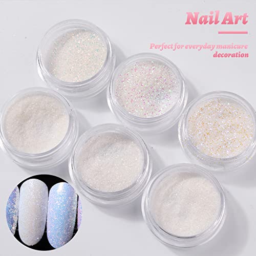 Nail Glitter Powder, 6 Color Chrome Nail Powder Aurora Pearl White Nail Powder Holographic Mermaid Mirror Effect Glitter Sequins for Nail Art Dec